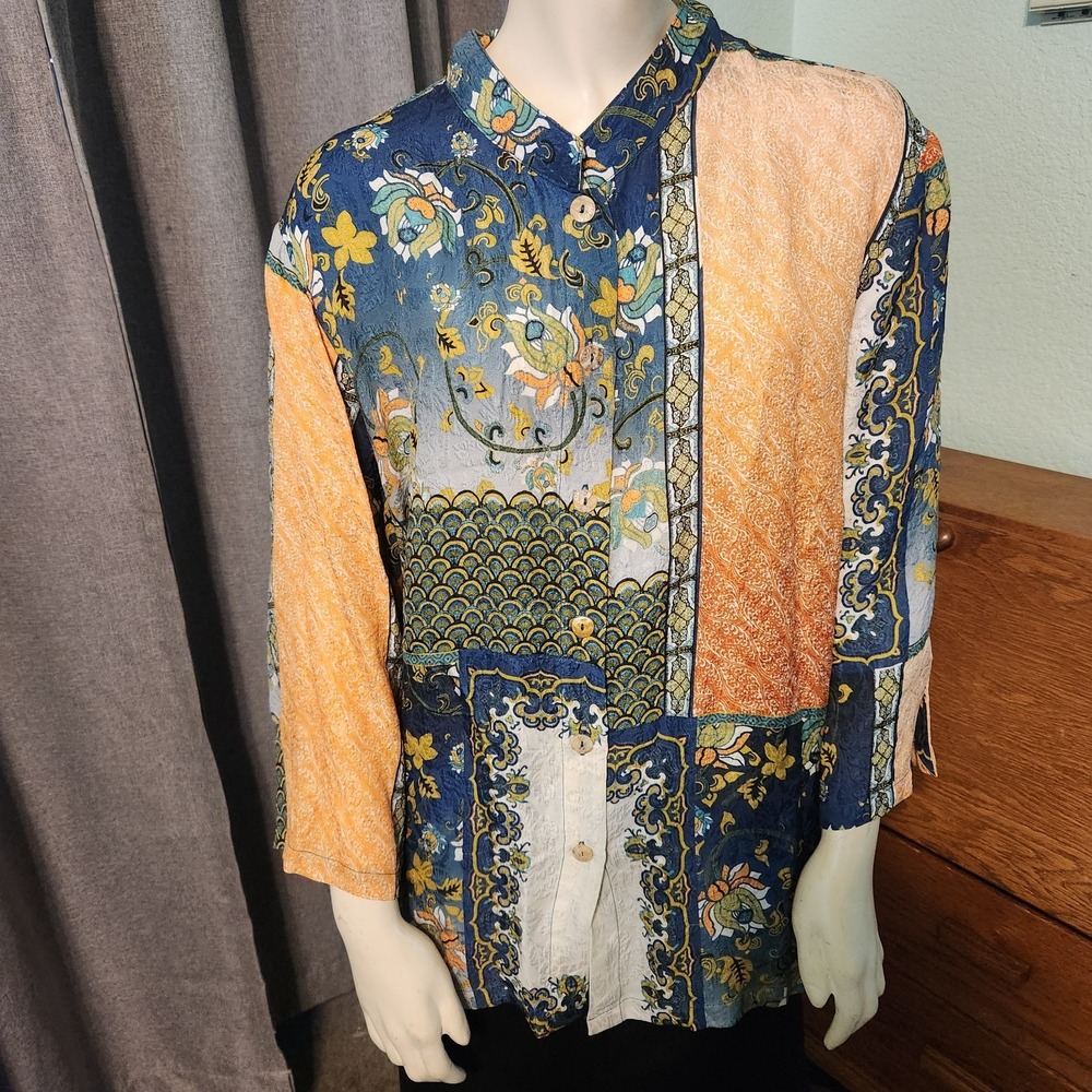 CITRON Santa Monica 2X Tunic Top Lagenlook Artsy 100% Silk Patchwork Old Money